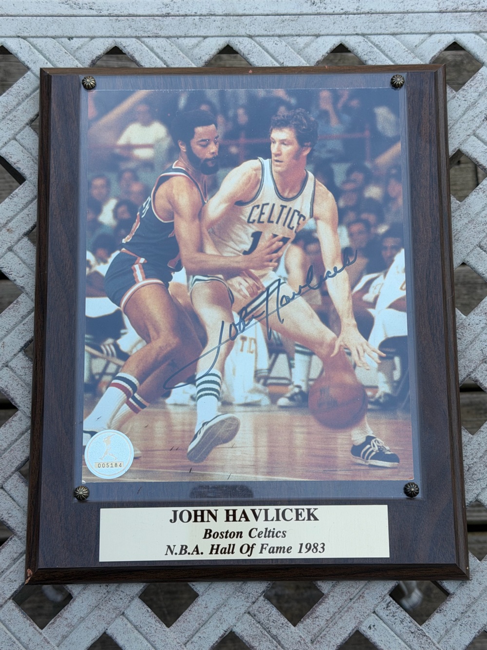 Autographed John Havlicek Boston Celtics Framed Photo Plaque in Dark Brown
